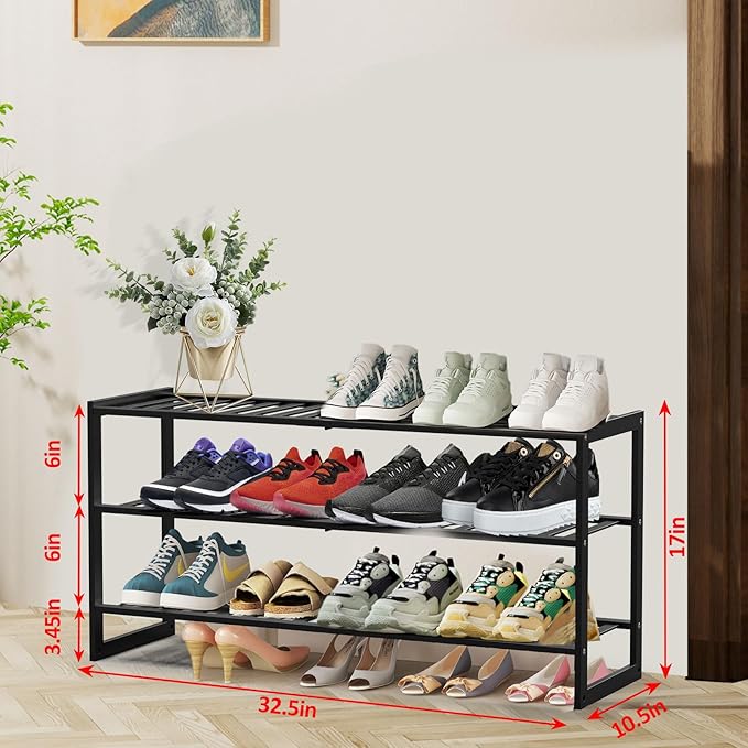 Bamboo Shoe Rack for Closet, Stackable 3 Tier Longer Shoe Organizer Shelf Holder Storage - Image 3
