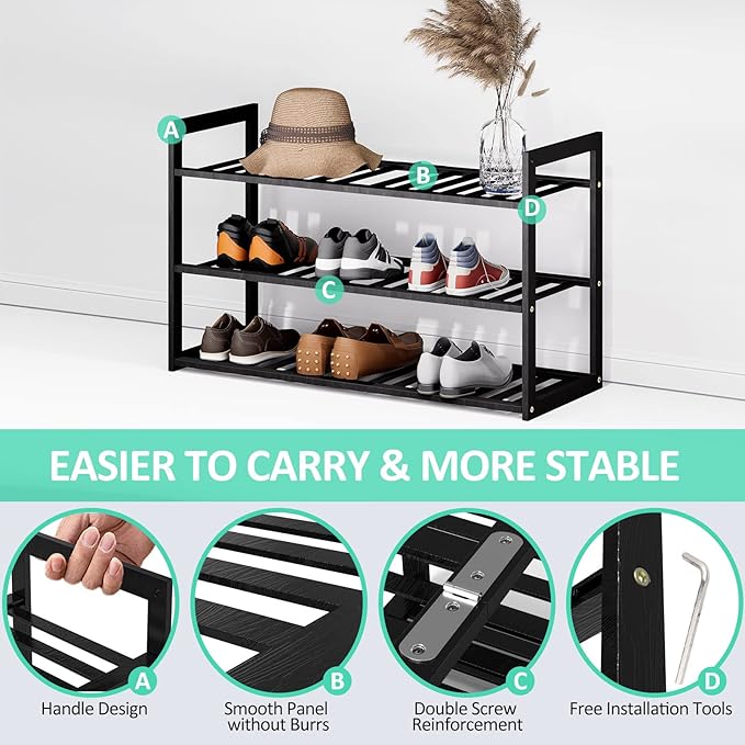 Bamboo Shoe Rack for Closet, Stackable 3 Tier Longer Shoe Organizer Shelf Holder Storage - Image 4