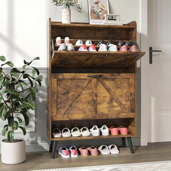 Shoe Cabinet with 2 Flip Drawers, Hidden Shoe Storage Cabinet Storage for Entryway Slim, Farmhouse Shoe Organizer with Wood Legs, Narrow Shoe Rack Cabinet, Rustic Brown