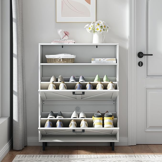 Shoe Storage Cabinet with Barn Door Design, Shoe Organizer with 2 Flip Drawers, Freestanding Narrow Shoe Rack Cabinet for Entryway,Foyer,Hallway.(Antique White) - Image 2