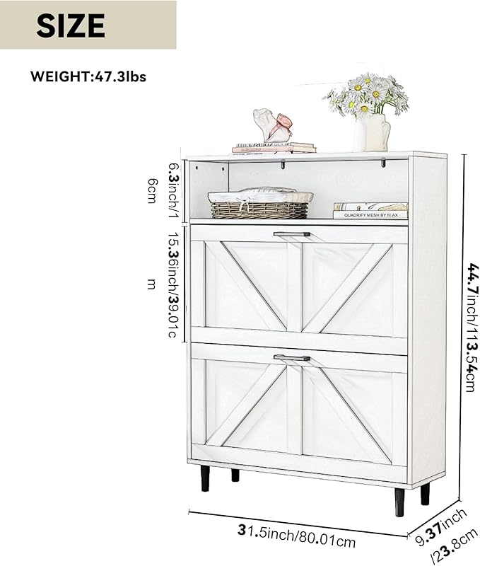 Shoe Storage Cabinet with Barn Door Design, Shoe Organizer with 2 Flip Drawers, Freestanding Narrow Shoe Rack Cabinet for Entryway,Foyer,Hallway.(Antique White) - Image 3