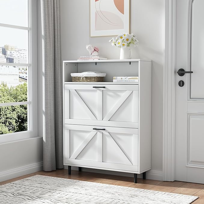 Shoe Storage Cabinet with Barn Door Design, Shoe Organizer with 2 Flip Drawers, Freestanding Narrow Shoe Rack Cabinet for Entryway,Foyer,Hallway.(Antique White) - Image 4
