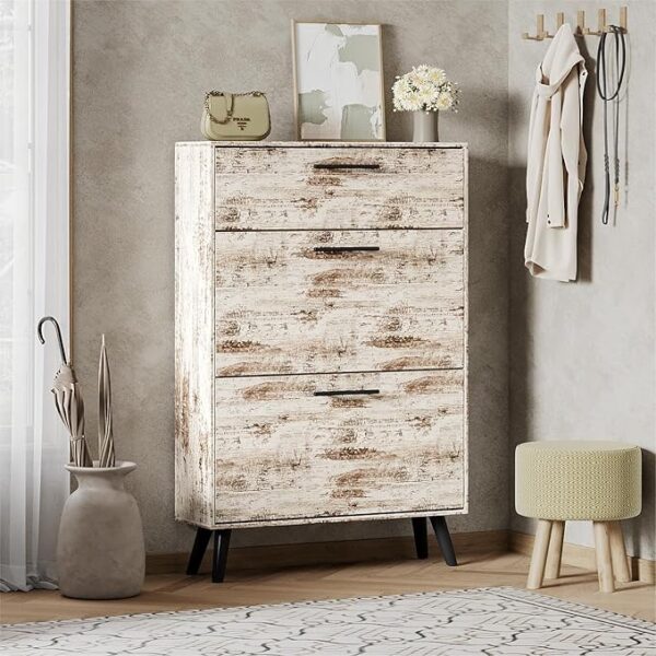 Shoe Cabinet Storage for Entryway, Shoe Organizer with 2 Flip Drawers, Hidden Shoe Cabinet, Slim Enclosed Shoe Rack, White