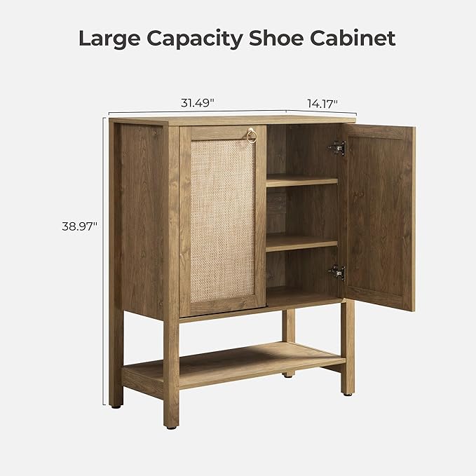 Rattan Shoe Cabinet with Storage - 5 Tier Farmhouse Boho Shoe Organizer Storage Cabinet with Shelves & Doors - Image 2
