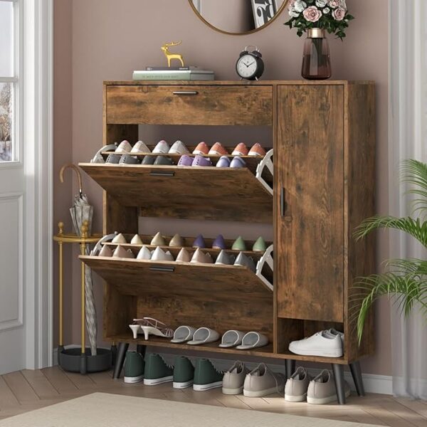Shoe Cabinet, Shoe Storage Cabinet with 2 Flip Drawers & Side Cabinet, Narrow Shoe Cabinet with Doors