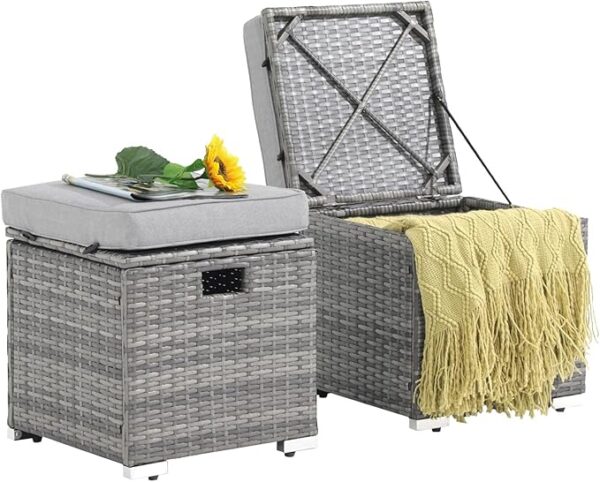 2 Piece Outdoor Patio Ottomans,All-Weather Grey PE Rattan Wicker Ottoman with Storage
