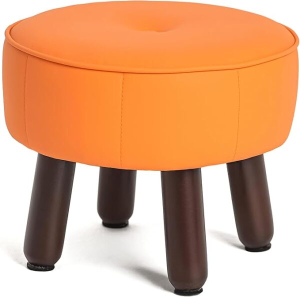Foot Stool Round Pouf Ottoman, Leather Foot Rest with Non-Skid Wooden Legs