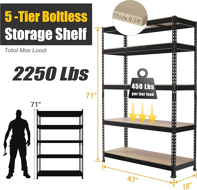 48" W x 18" D x 72" H Heavy Duty Storage Shelves - 5 Tier Adjustable Garage Storage Shelving Unit - Image 3