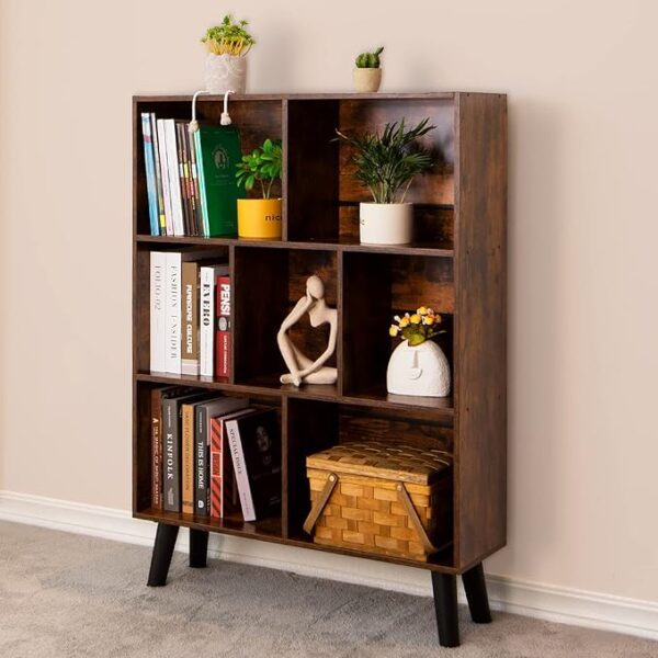 Cube Bookshelf 3 Tier Mid-Century Rustic Brown Modern Bookcase with Legs,Retro Wood Bookshelves Storage Organizer Shelf