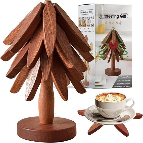 Tree Coasters Hot Pads for Kitchen,Trivets for Hot Pots and Pans Like a Christmas Tree - 4 Wooden Trivet + 1 Stand (Walnut Wood)