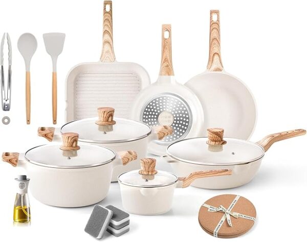 20Pcs Cookware Sets, Nonstick Pots and Pans Set, Granite Induction Cookware, Non Stick Kitchen Cooking Set, Grayish White Grill Pan Set, PFOS PFOA Free