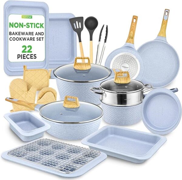 22-Piece Cookware and Bakeware Set | Professional Home Kitchen Collection with Multi-Sized Pots, Pans, Non stick and Heat-Resistant Tools (Moon Grey Marble)