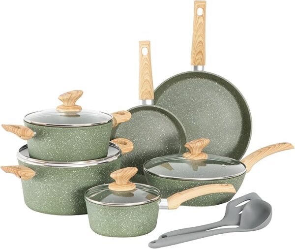 Pots and Pans Set Non Stick, 12 Piece Green Granite Kitchen Cookware Induction Compatible, Pot and Pan Sets for Cooking Nonstick