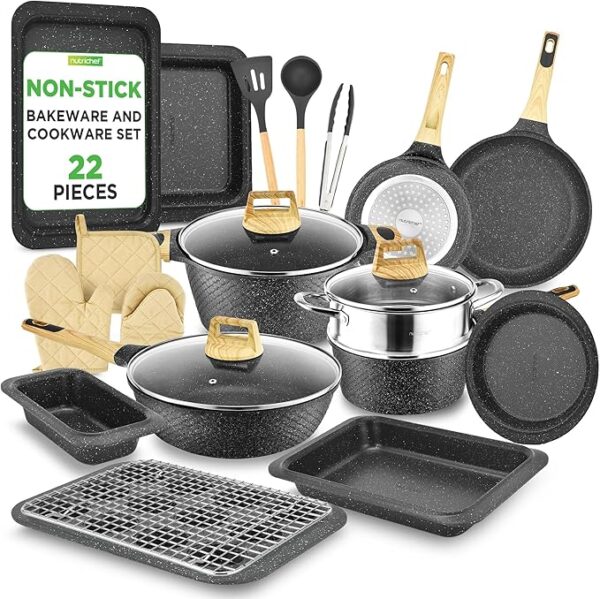 22-Piece Black Marble Non-Stick Cookware and Bakeware Set - Professional Home Kitchen Collection with Multi-Sized Pots, Pans, and Heat-Resistant Tools