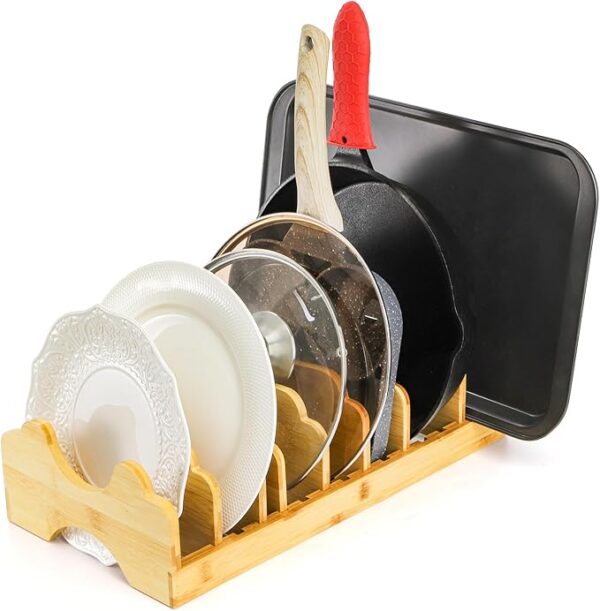Bamboo Pot Lid Organizer, Pot Lid Holder Organizer Kitchen Countertop Carbinet Storage Rack with 7 Adjustable Dividers for Pot Lids, Pans, Cutting Boards, Baking Sheets, Dinner Plates