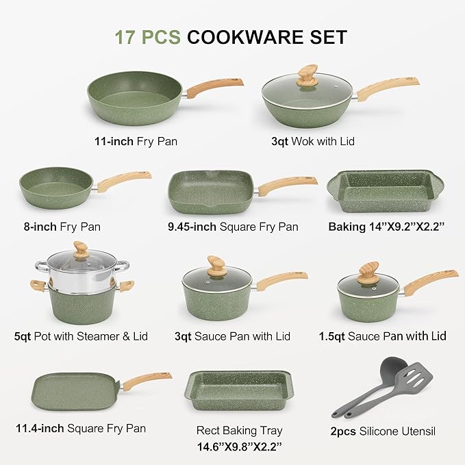 17 Piece Pots and Pans Set Non Stick, Kitchen Cookware Sets with Nonstick Granite Stone Coating, Suitable for Induction Cooktops, Green - Image 2