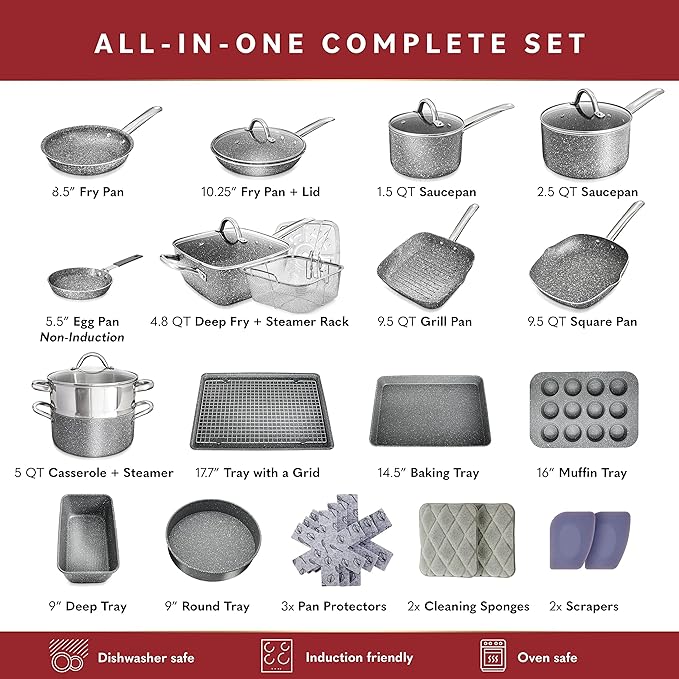 Home Hero Pots and Pans Set Non Stick - Induction Compatible Kitchen Cookware Sets + Bakeware Sets - Non Stick, PFOA Free, Oven Safe Pot and Pan Set Nonstick (23 Pcs - Granite) - Image 2