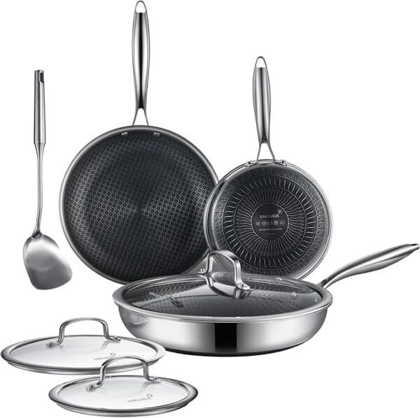 Non Stick Frying Pan Set 7 Piece, 8, 10 and 12-Inch Hybrid Stainless Steel Skillet Set with Tempered Glass Lids, Dishwasher and Oven Safe, Induction Ready, Silver Kitchen Cookware set