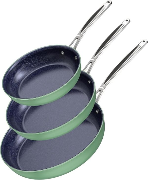 3-Piece 8”, 10”, 12” Forged Lightweight Frying Pan Set, G10 Healthy Duralon Blue Ceramic Ultra Non-Stick, Ergonomic Stay-Cool Handles, Induction-Ready & Works on All Cooktops