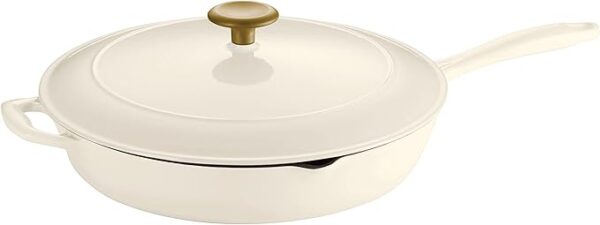 Enameled Cast Iron Skillet with Lid, 12-inch Frying Pan, Latte with Gold Knob