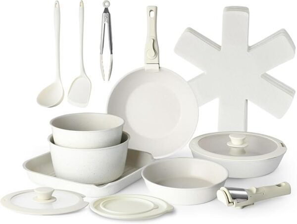20 Pcs Pots and Pans Set Non Stick, Stackable Cookware Sets with Detachable Handle, Granite Induction RV Kitchen Portable Cooking Set Removable Handles, Dishwasher ＆ Oven Safe, Cream White