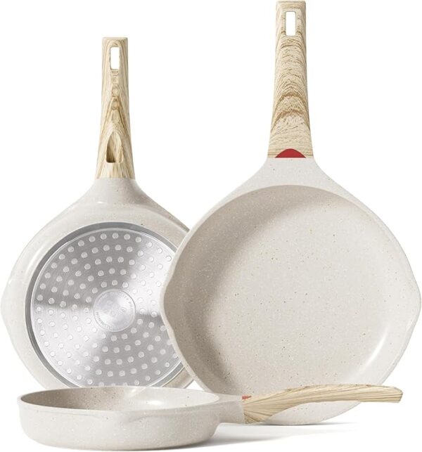 Nonstick Granite Frying Pan Skillet, Non Stick Omelette Fry Pans, Omelet Egg Pan, Stone Cookware Chef's Pan, Induction Compatible, PFOA Free (Beige, 3 Pcs)
