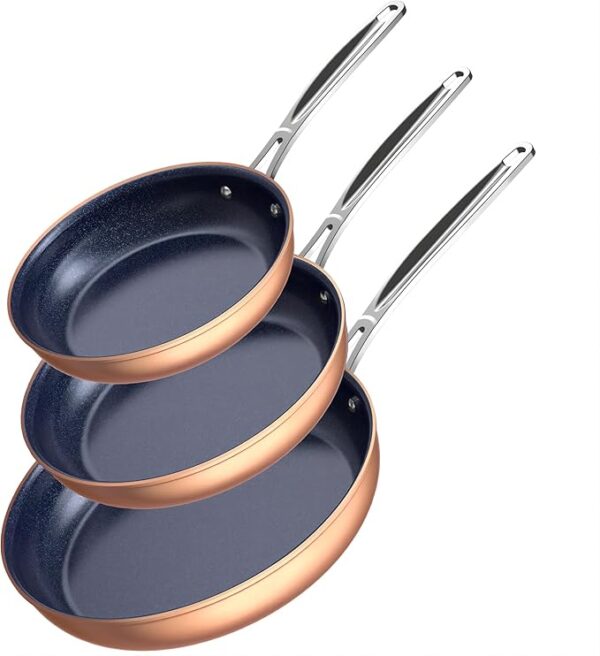 3-Piece 8”, 10”, 12” Forged Lightweight Frying Pan Set, G10 Healthy Duralon Blue Ceramic Ultra Non-Stick, Ergonomic Stay-Cool Handles, Induction-Ready & Works on All Cooktops