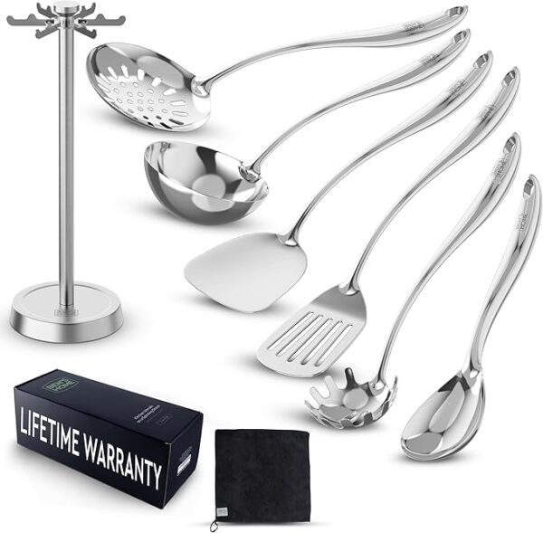 Stainless Steel Utensil Tools Set with Organized Holder Stand - Spatula, Spaghetti Server, Draining spoon