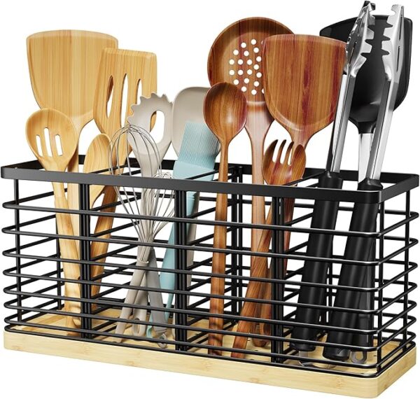 Extra Large Kitchen Utensil Holder with 4 Compartments for Countertop, Kitchen Cooking Utensil Holder Organizer with Wooden Base