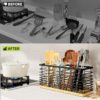 Extra Large Kitchen Utensil Holder with 4 Compartments for Countertop, Kitchen Cooking Utensil Holder Organizer with Wooden Base - Image 3