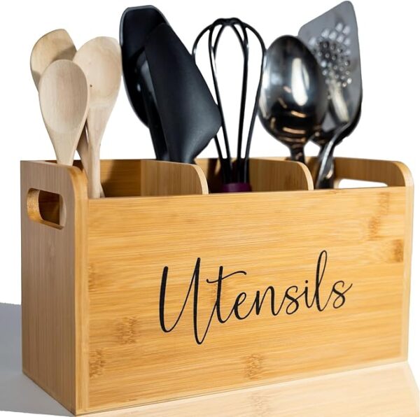 Bamboo Kitchen Utensil Holder |3 Compartments 12in x 5in x 7in Wooden Utensil Holder