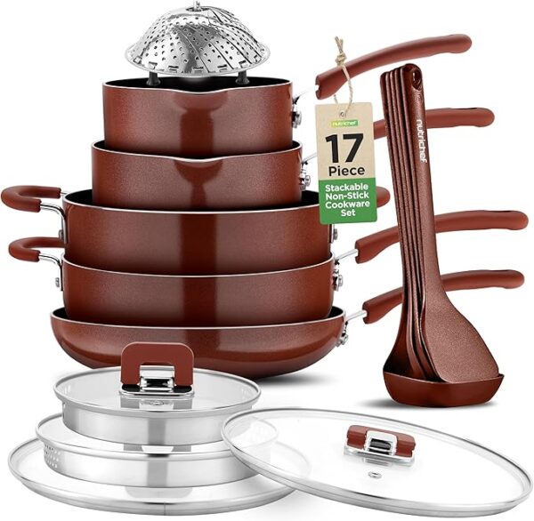 17pcs Brown Stackable Pots and Pans Set, Nonstick Induction Cookware, Space Saving Cookware, Easy Clean