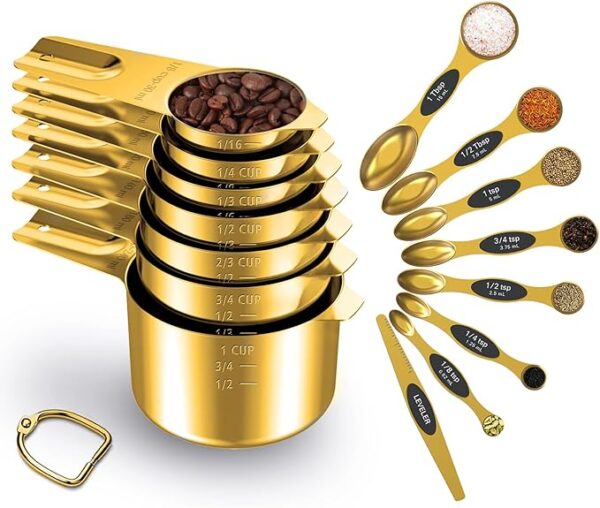 Gold Measuring Cups and Spoons Set of 15, 18/8 Stainless Steel