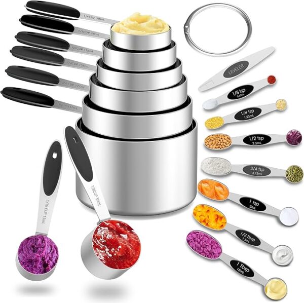 Measuring Cups and Magnetic Measuring Spoons Set, 8 Stainless Steel Measuring Cups with Easy to Read Markings