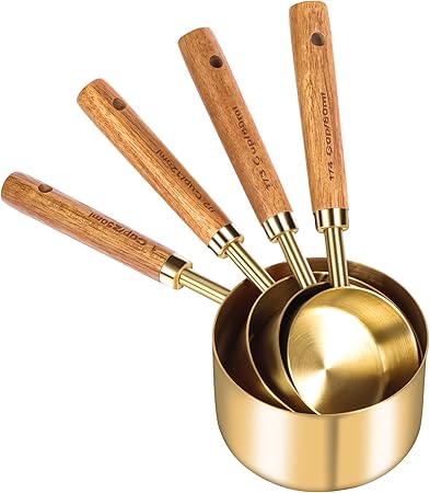 Gold Measuring Cups and Spoons Set of 8, Wood Handle with Metric and US Measurements - Image 2