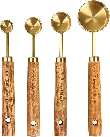 Gold Measuring Cups and Spoons Set of 8, Wood Handle with Metric and US Measurements - Image 3