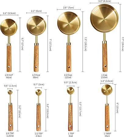 Gold Measuring Cups and Spoons Set of 8, Wood Handle with Metric and US Measurements - Image 4