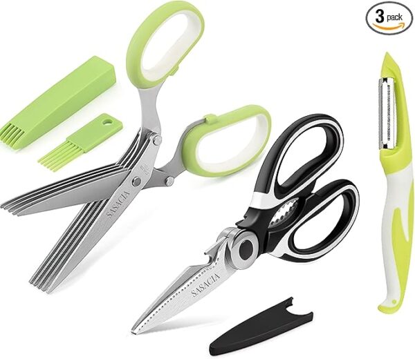 5-Blade Herb Scissors with Kitchen Shears & Peeler Combo - Durable Stainless Steel for Cutting Meat, Vegetables, Cilantro, Dishwasher Safe