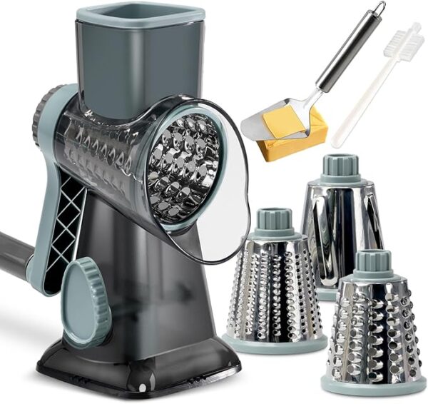 Rotary Cheese Grater with Handle Vegetable Cheese Shredder Slicer Grater for Kitchen 3 Changeable Blades for Cheese Potato Zucchini Nuts Chocolate - GreyBlue