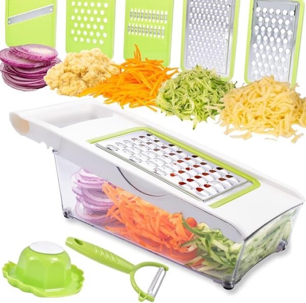 Cheese Grater with Container,5 In 1 Mandoline Slicer for Kitchen,Multi Purpose Vegetable Slicer, Easy to Clean Potato Slicer,Cheese Shredder,Julienne Slicer and Peeler
