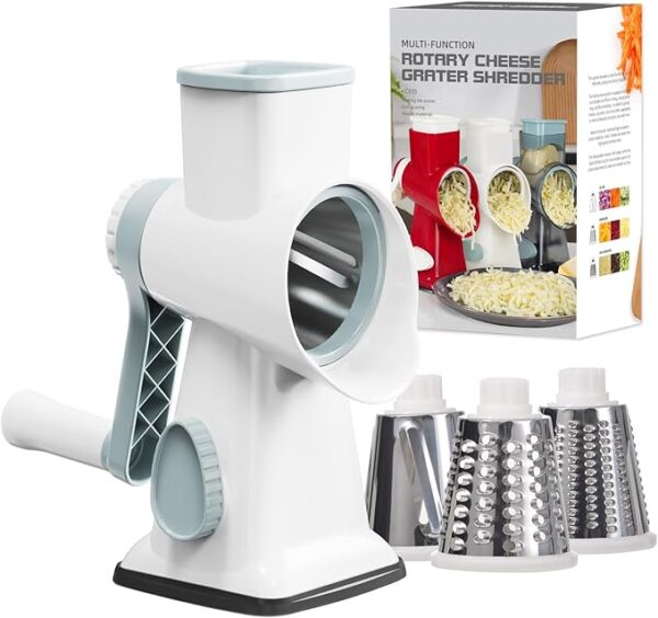 Cheese Grater Cheese Shredder with 3 Interchangeable Blades, Rotary Cheese Grater Manual Vegetable Slicer with Non-slip Suction Base Peanut Nuts Grinder Vegetable Shredder White