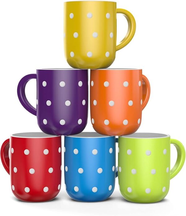 Set of 6 Large 16 Ounce Ceramic Coffee Mugs (Polka Dot) (Colorful Polka Dot)