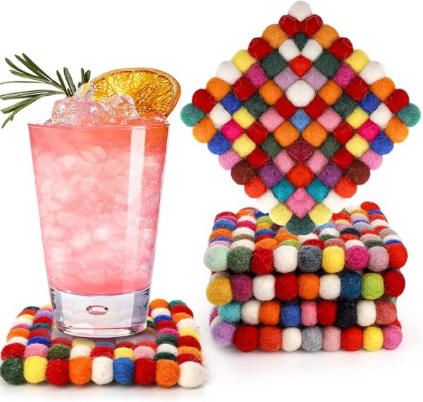 6 Pack Felt Ball Coasters, 4" Square Colorful Coasters for Drinks, Funny Dot Handmade Wool Felt Mat Pads for Cups, Mugs, Coffee Table, Home, Office, Chrismas
