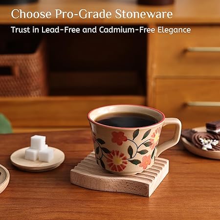 Floral Mug, 12 oz Ceramic Coffee Cup for Tea Latte Cappuccino, Unique Crackle Glaze Stoneware Teacup with Large Handle (Set of 2, Red Set) - Image 2