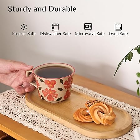 Floral Mug, 12 oz Ceramic Coffee Cup for Tea Latte Cappuccino, Unique Crackle Glaze Stoneware Teacup with Large Handle (Set of 2, Red Set) - Image 3