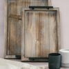 Decorative Ottoman Serving Tray Wooden Rustic (Set of 2), Rustic Brown | Black Sleek Metal Handles | 4 Matching Coasters | Coffee Table Decor | Serving Kitchen Platter | for All Occasions - Image 4