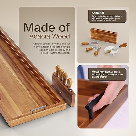 36 inch Large Acacia Wood Charcuterie Board with Metal Handles and 4 Knives Set - Wooden Serving Tray for Cheese - Image 2