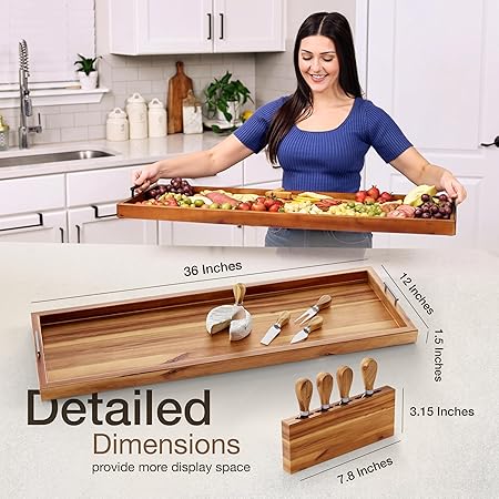 36 inch Large Acacia Wood Charcuterie Board with Metal Handles and 4 Knives Set - Wooden Serving Tray for Cheese - Image 3