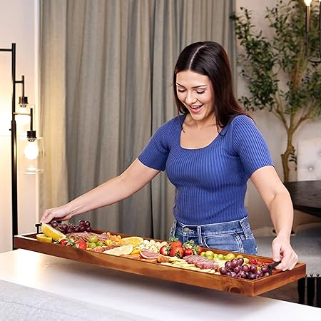 36 inch Large Acacia Wood Charcuterie Board with Metal Handles and 4 Knives Set - Wooden Serving Tray for Cheese - Image 4