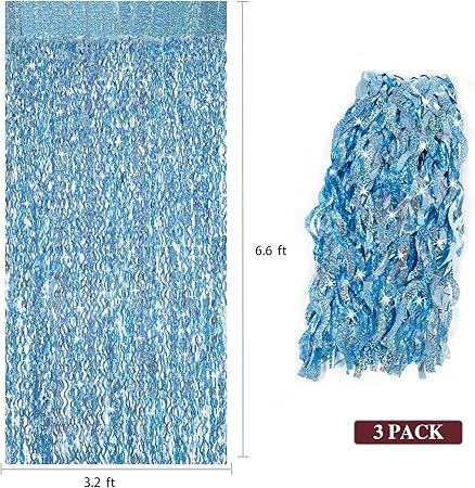 3 Pack 3.3 ft x 6.6 ft Tinsel Foil Fringe Curtain Blue - Foil Fringe Backdrop Wall Curtains for Baby Shower,Mermaid - Image 3